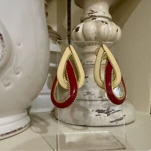 Vintage Red and Cream Teardrop Enamel Earrings